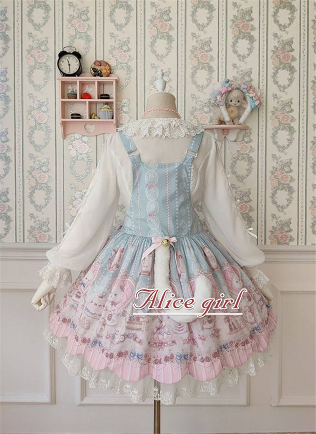 Alice Girl ~The Kitty's Tea Party Sweet Lolita OP/Salopette -Pre-order Pink Size S - In Stock