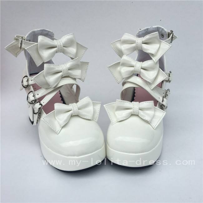 Sweet White Glossy Bows Straps Lolita Shoes