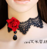 Gothic Black Lace Choker Bold Red Rose-out