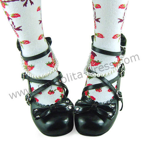 Sweet Black Beads Bows Lolita Shoes Flats Tea Party Heels
