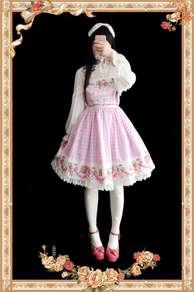Strawberry Gingham Pure Cotton Lolita JSK Dress +Headbow
