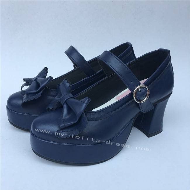 Navy Single Strap Bows Lolita Heels Tea Party Shoes