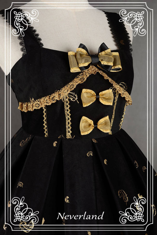 Neverland Lolita ~Golden Swan Lake~ Gold Stamping Thick Lolita JSK Black M - In Stock