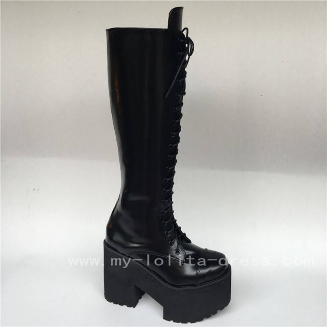 Black Matte Lace Up Knee Lolita Cylinder Boots