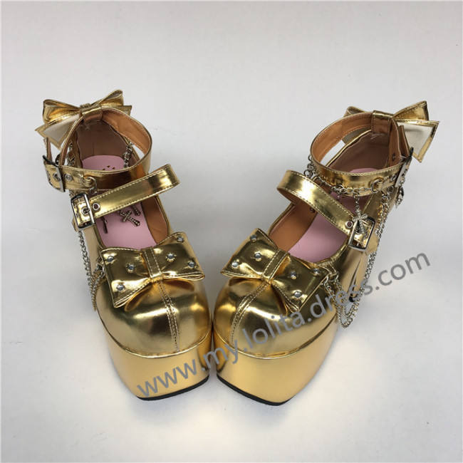 Glossy Golden Lolita High Platform Shoes with Metal Chains