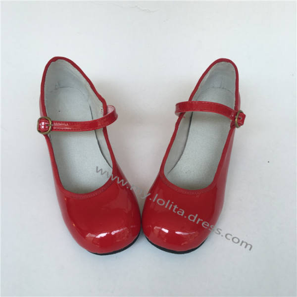 Sweet Glossy Red Real Leather Lolita Heels Shoes O