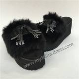 Matte Black Lolita Sandals with Black Imitative Bunny Fur