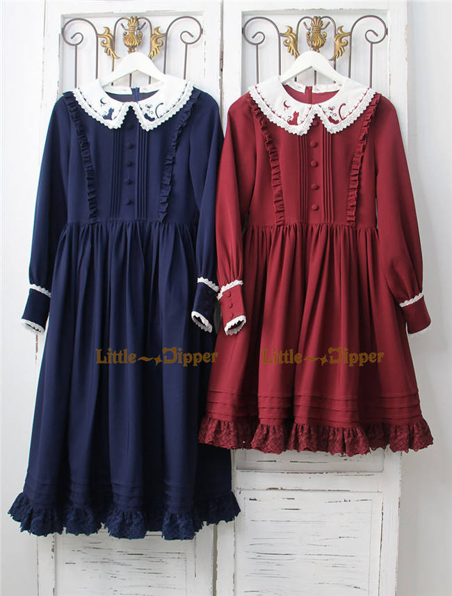 Little Dipper  ~Cat + Moon + Stars~ Embroidery Lolita Long Sleeves OP Dress - In Stock