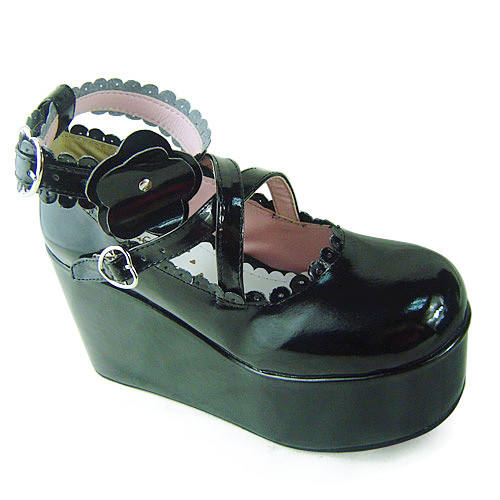 Black Shiny Flower Platform Princess Shoes