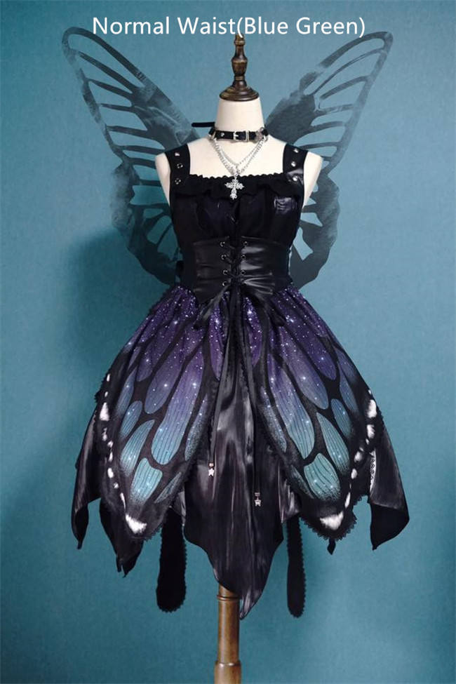 Butterfly Effect ~Punk Halloween Lolita High Waist JSK - Blue Green Short Version Size S - In Stock