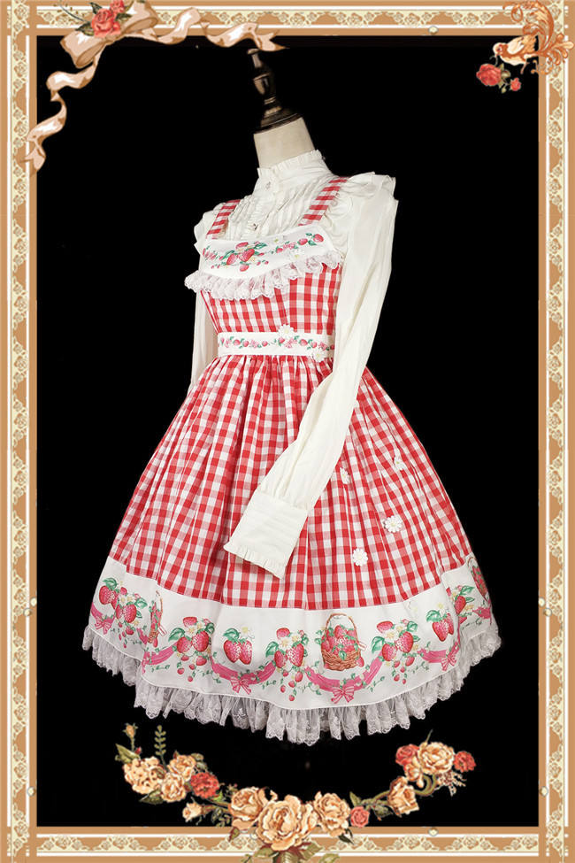 Strawberry Gingham Pure Cotton Lolita JSK Dress +Headbow