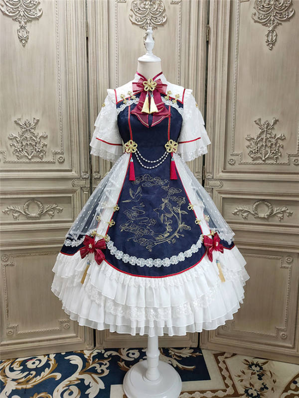 Alice Girl ~Cheongsam Qi Lolita OP -Pre-order White Navy S - In Stock