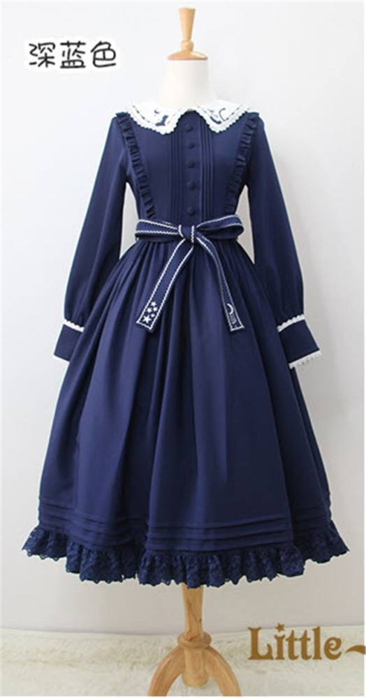 Little Dipper  ~Cat + Moon + Stars~ Embroidery Lolita Long Sleeves OP Dress - Ready Made