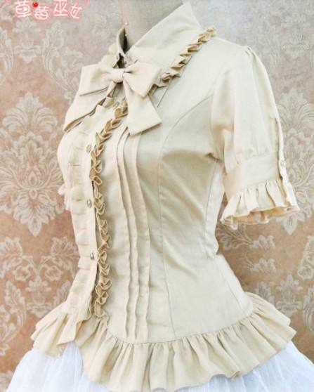 Cotton Short Sleeves Ruffles Bows Lolita Shirt 7 Colors Pink S & Khaki M - In Stock
