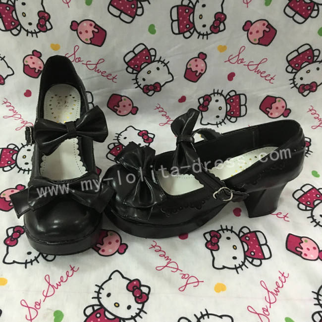 Black White Two Bows Lolita Shoes