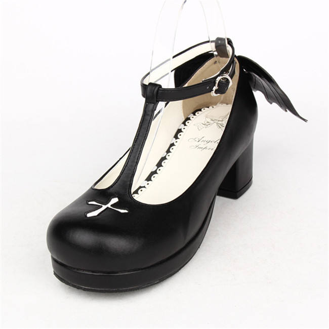 Angelic Imprint- Sweet T-shaped Straps Lolita Square Heel Shoes with Detachable Angel Wings