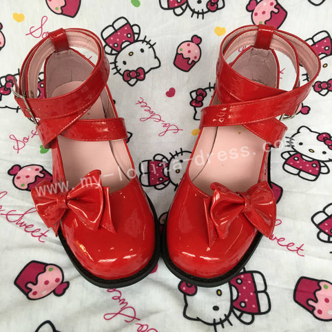 Wine Red 3 Straps Bow Lolita Shoes