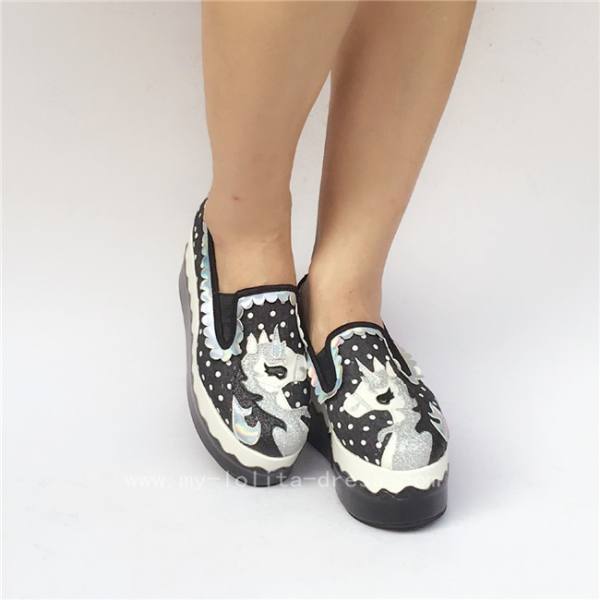 Unique Black White Denim Lolita Shoes with Unicorn Pattern