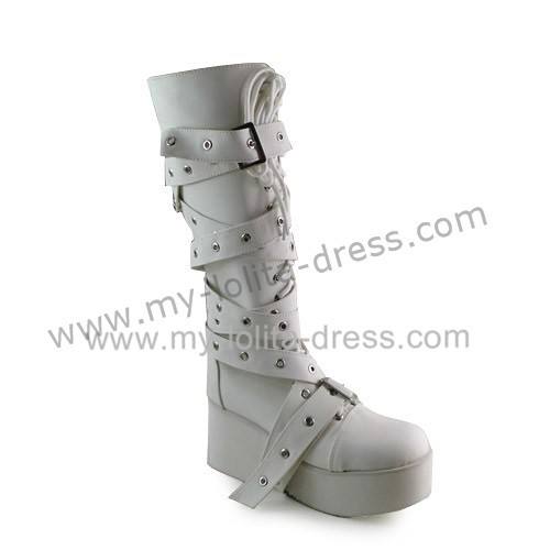 Punk Style Matte White Buckles Lolita High Shaft Boots