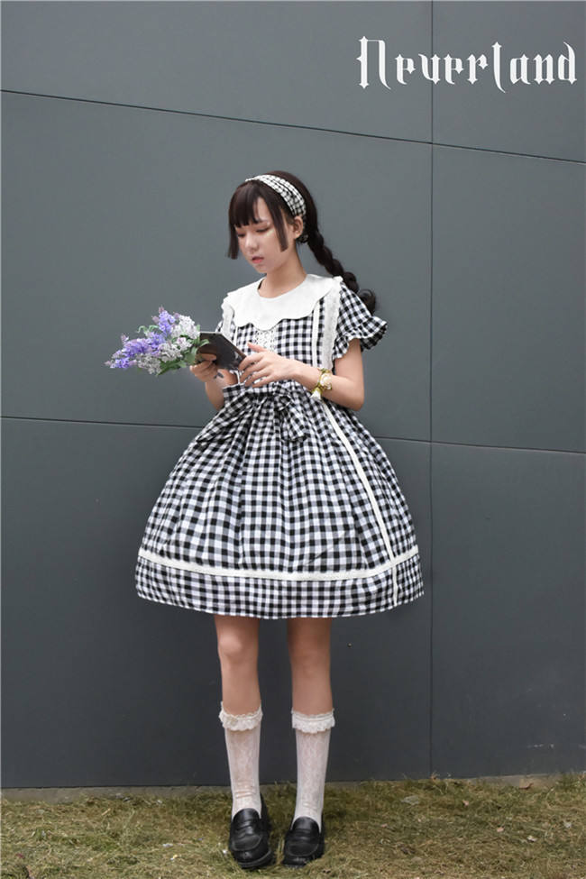 White&Black Gingham Lolita Short Sleeves OP -out