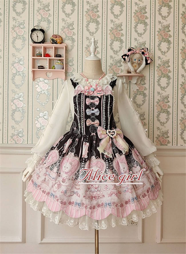 Alice Girl ~The Kitty's Tea Party Sweet Lolita OP/Salopette -Pre-order Pink Size S - In Stock
