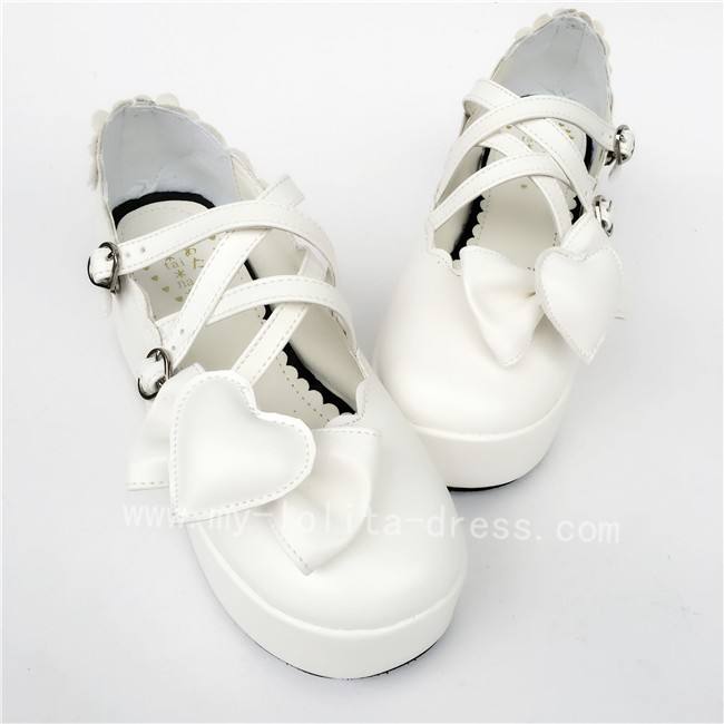 High Platform White Heart Bow Lolita Shoes