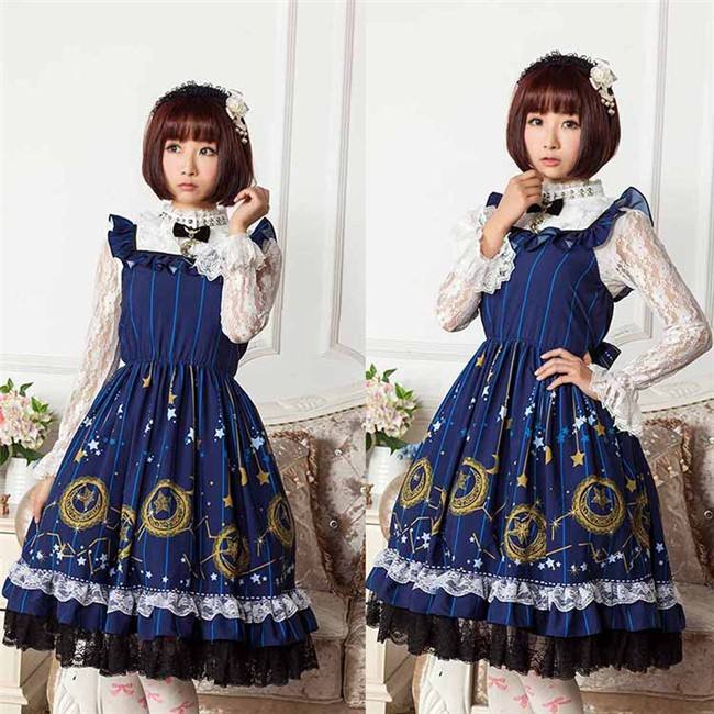 Vintage Dark Blue Stars & Moons Printed Lolita JSK