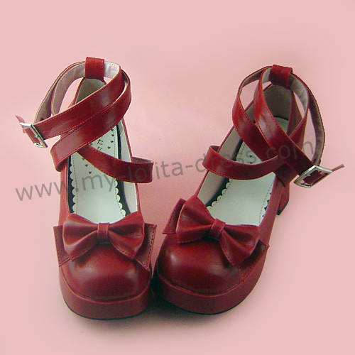 Wine Red 3 Straps Bow Lolita Shoes