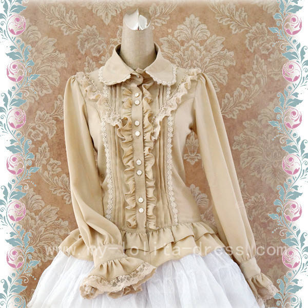 Rococo Style Lace Lolita Shirt Silk and Linen Khaki -In Stock