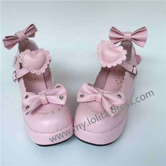 Sweet Glossy Pink Hearts bows High Platform Shoes