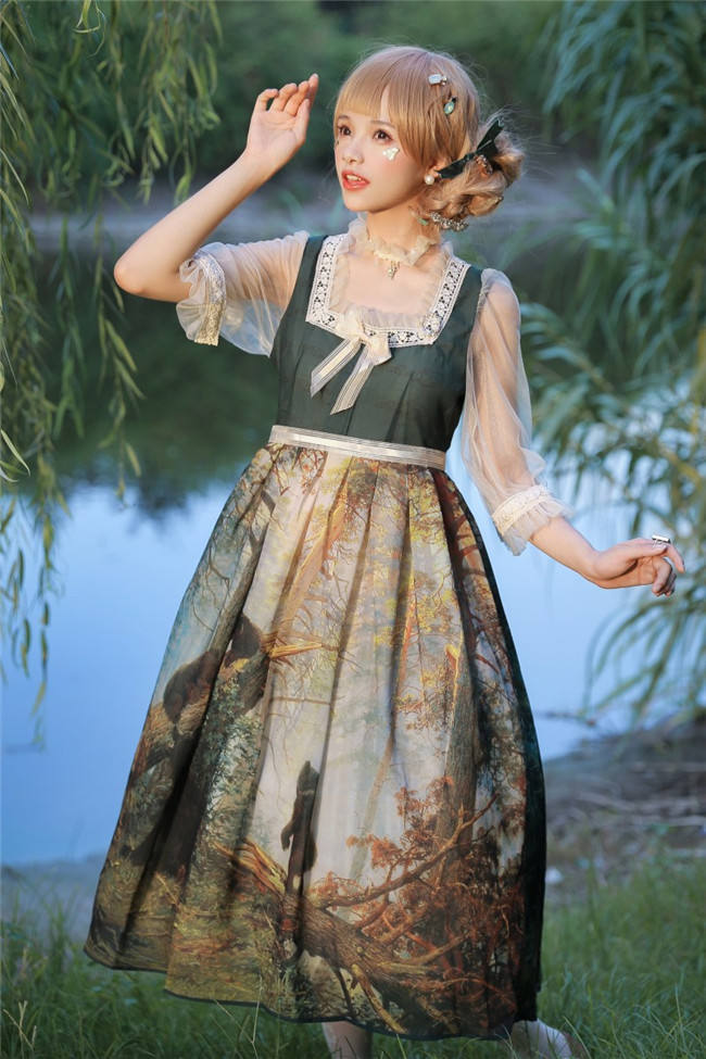 Pine Trees Forest Morning Vintage Lolita Dress-Ready Made