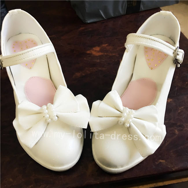 Elegant White Bow Pearls Lolita Heels Shoes