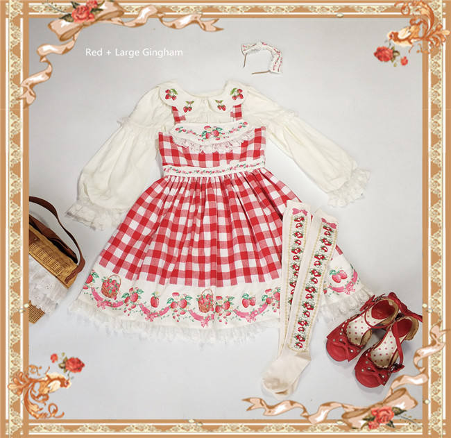 Strawberry Gingham Pure Cotton Lolita JSK Dress +Headbow