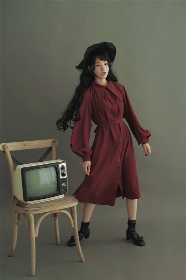 Vintage Unicolor Wing Collar Lolita OP Dress - Ready Made Navy M In Stock