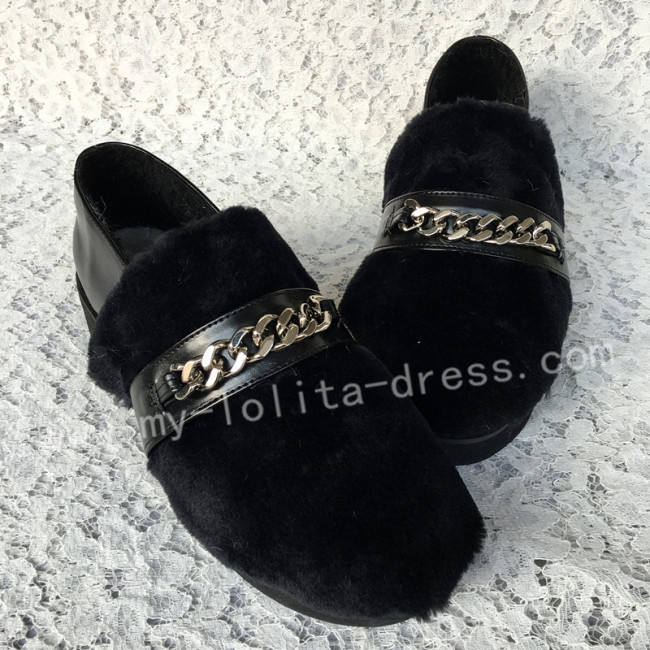 Sweet Matte Black Imitate Furs Lolita Shoes
