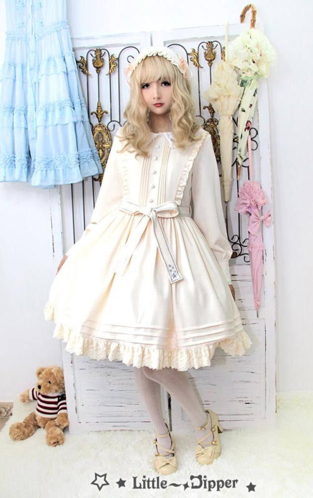 Little Dipper  ~Cat + Moon + Stars~ Embroidery Lolita Long Sleeves OP Dress - In Stock