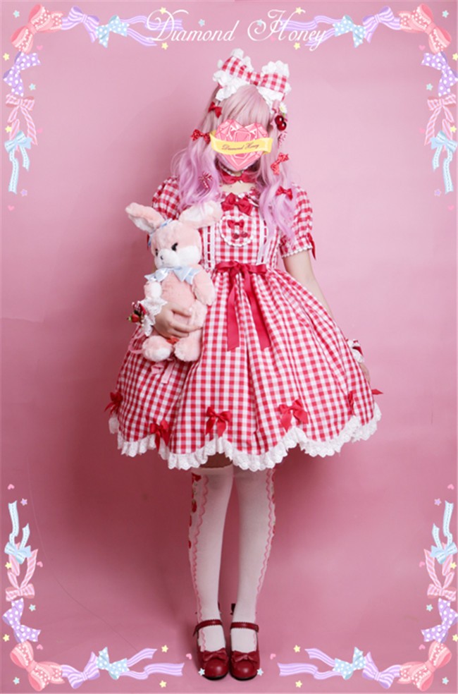 Diamond Honey -Miss Cherry- Red Gingham Hearts Embroidery Lolita