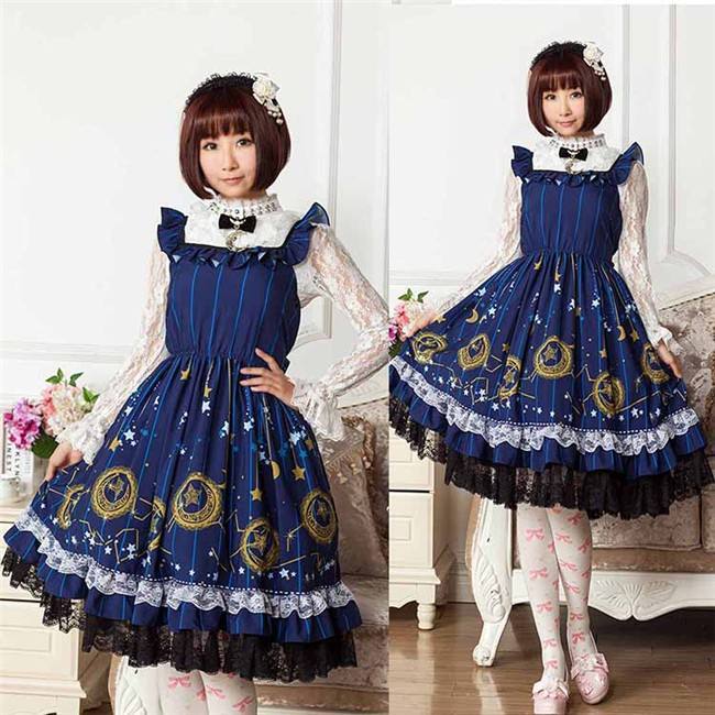 Vintage Dark Blue Stars & Moons Printed Lolita JSK