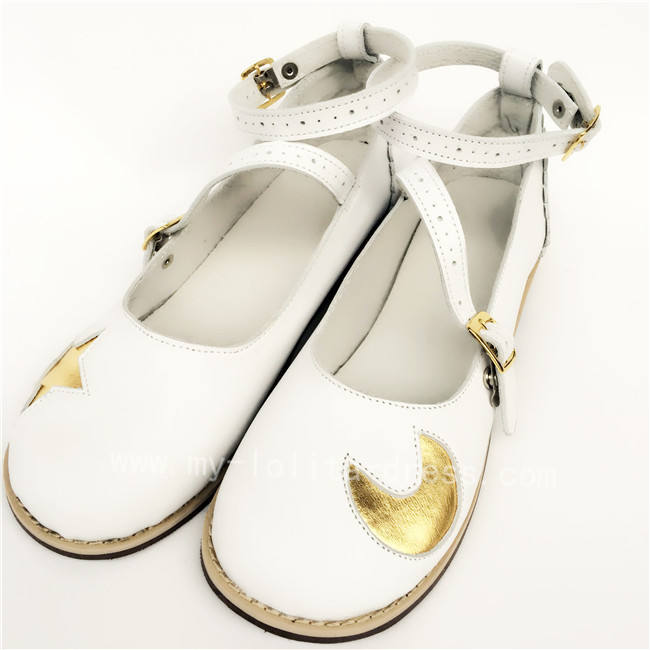 White Real Leather Lolita Shoes with Moon & Star Pattern