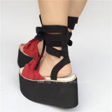 Unique Red with Black Velvet Lolita Sandals
