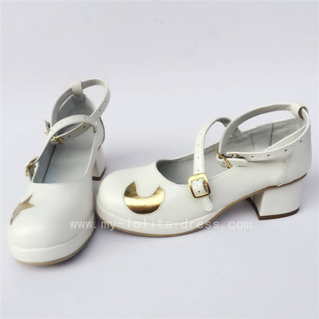 White Real Leather Lolita Shoes with Moon & Star Pattern