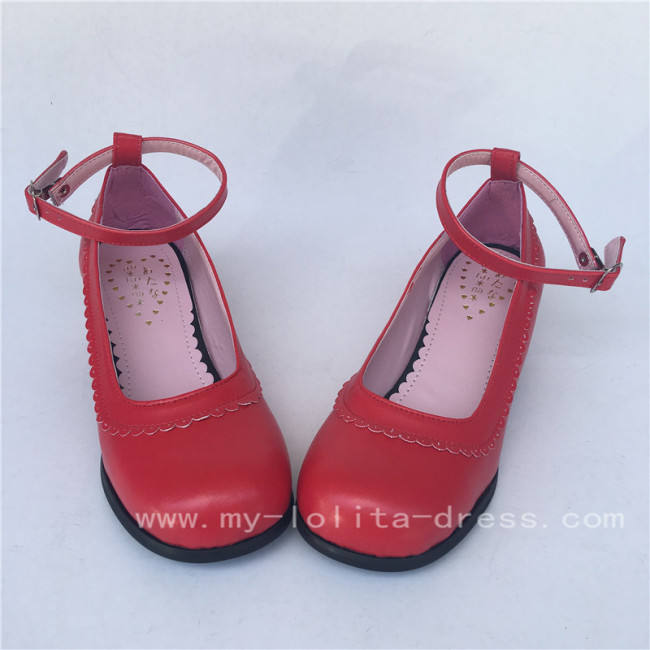 Elegant Red Matte Lolita Square Heels Shoes