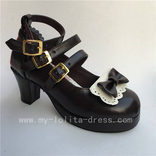 Sweet Coffee with White Bow Straps Lolita Heel Shoes