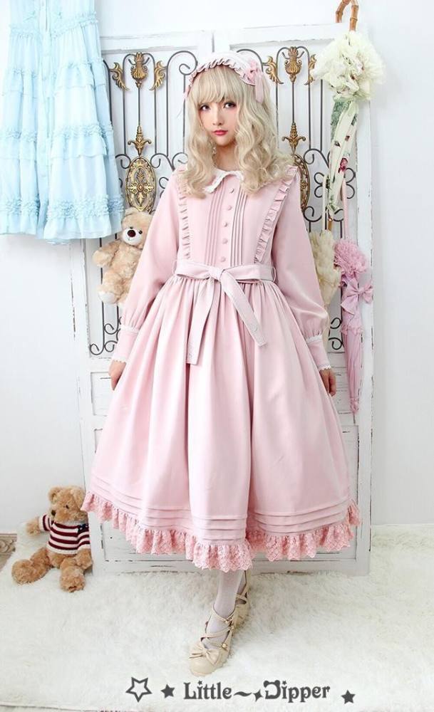 Little Dipper  ~Cat + Moon + Stars~ Embroidery Lolita Long Sleeves OP Dress - Ready Made