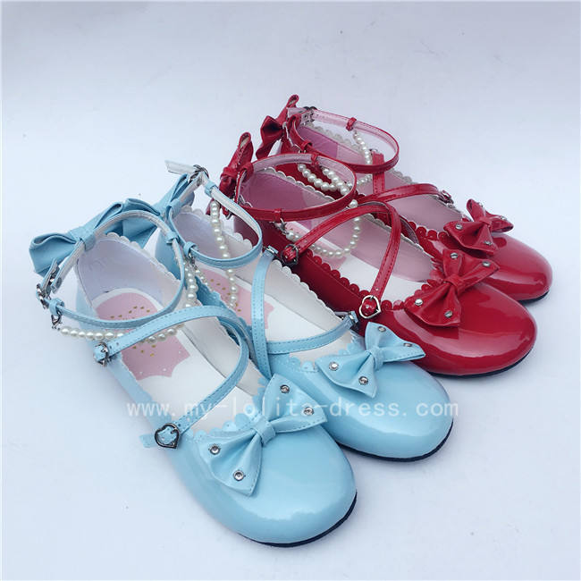 Sweet Black Beads Bows Lolita Shoes Flats Tea Party Heels
