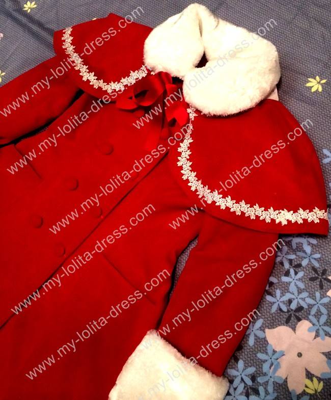Lolita Coat with Fur Collars Removable Cape - Pink Sweet Red Christmas Wine Size S - In Stock