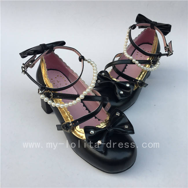 Sweet Black Beads Bows Lolita Shoes Flats Tea Party Heels
