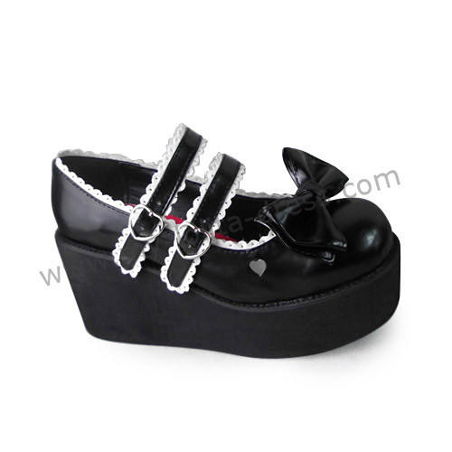Black Top Bow Lolita Shoes White Trim