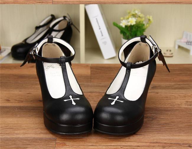 Angelic Imprint- Gothic T-shaped Straps Lolita Heels Shoes with Detachable Angel Wings