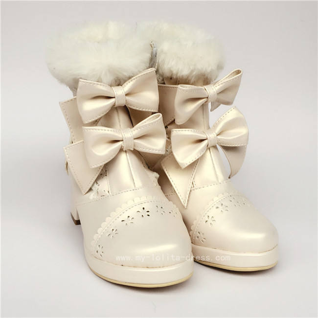 Sweet Pearl White Two Bows Lolita Winter Boots